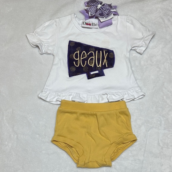 doodles Other - Girls LSU applique Geaux megaphone ruffle tee and bloomers 9mo